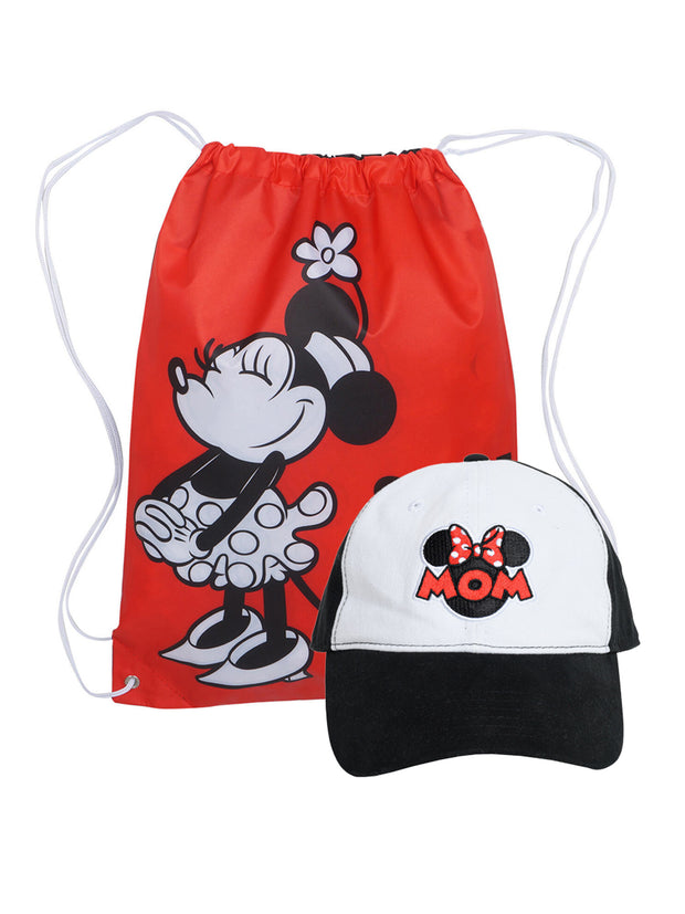 Women's Minnie Mouse Hat Mom Baseball Cap & Disney 18" Drawstring Sling Bag Set