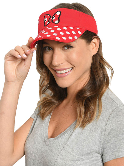 Disney Womens Minnie Mouse Polka Dot Embroidered Stitch Bow Visor Hat Cap Red