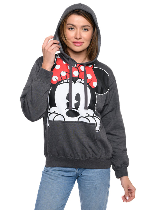 Women's Minnie Mouse Hoodie Pullover Sweatshirt Drawstring Minnie Face Charcoal