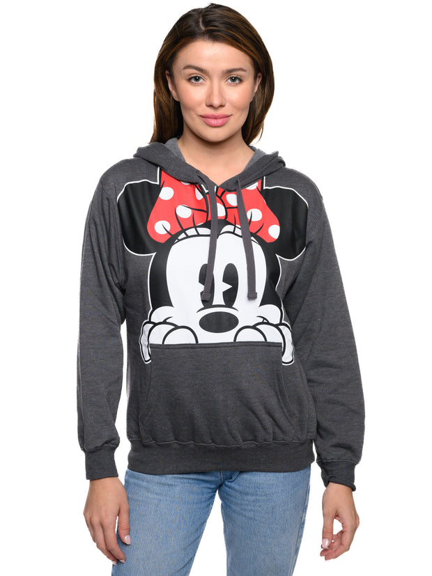 Women's Minnie Mouse Hoodie Pullover Sweatshirt Drawstring Minnie Face Charcoal