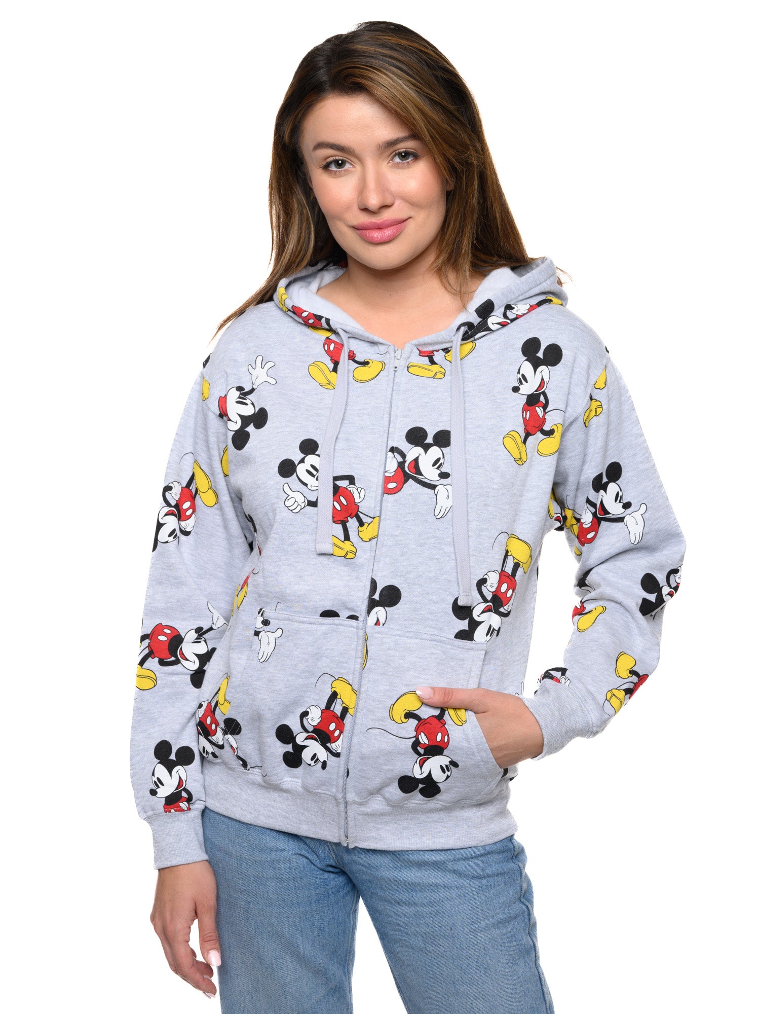 Women's Disney Mickey Mouse Hoodie All-Over Sweatshirt Zippered Heather Gray