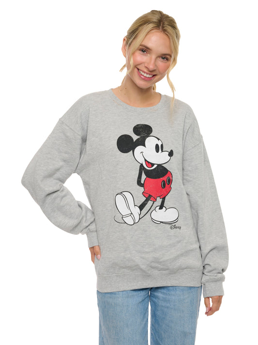 Women's Mickey Mouse Sweatshirt Crew Neck Gray Classic Distressed Print Disney