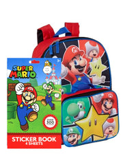Super Mario Backpack 16" & Insulated Lunch Bag w/ Nintendo Sticker Book Set