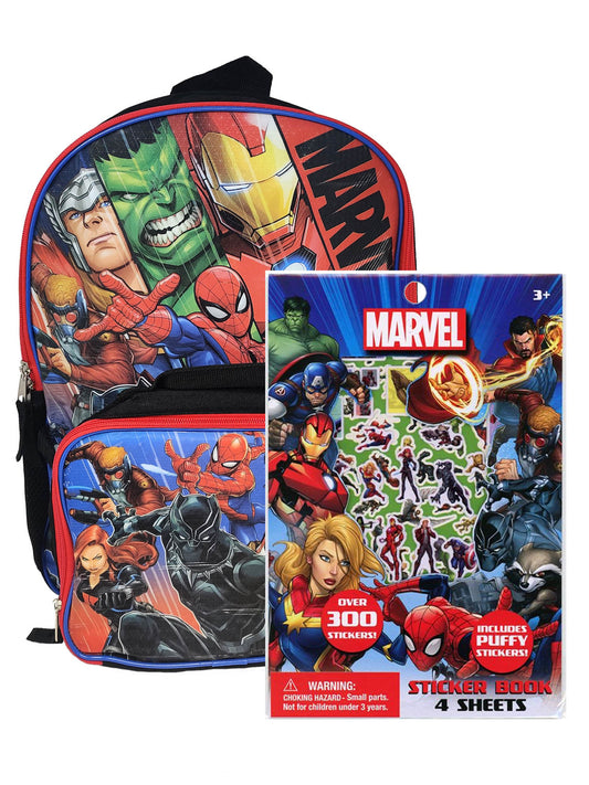 Avengers 16" Backpack & Insulated Lunch Bag w/ Marvel 4-Sheet Sticker Book Set