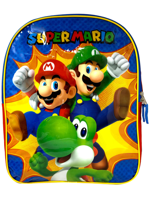 Super Mario Bros Backpack 15" Luigi Yoshi Nintendo Red Blue Boys Video Game