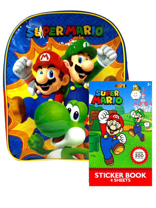 Mario Bros Backpack 15" Nintendo Luigi Yoshi w/ 4 Sheet Sticker Book Set
