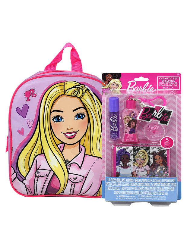 Barbie 11" Mini Backpack Pink w/ 5-Piece Cosmetic Accessory Set Lip Gloss Girls
