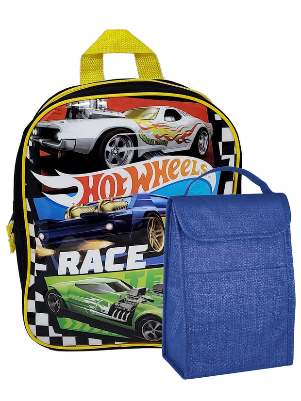 Hot Wheels Backpack 11" Mini Race Cars w/ Insulated Lunch Bag Non-Woven Set