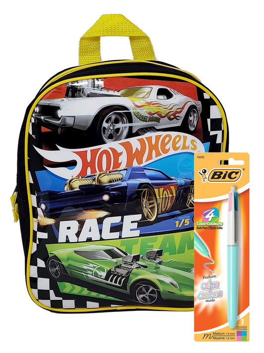 Boys Hot Wheels Mini Backpack 11" Cars w/ 4-Color Retractable Ballpoint Pen Set