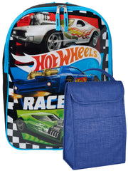Hot Wheels 15" Backpack Car Racing w/ Insulated Lunch Bag 2-Piece Set Boys Blue
