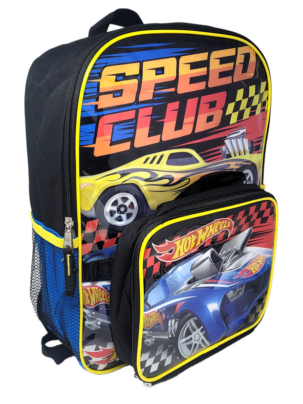 Hot Wheels Backpack 16" & Insulated Lunch Bag Detachable 2-Pcs Race Cars Yellow