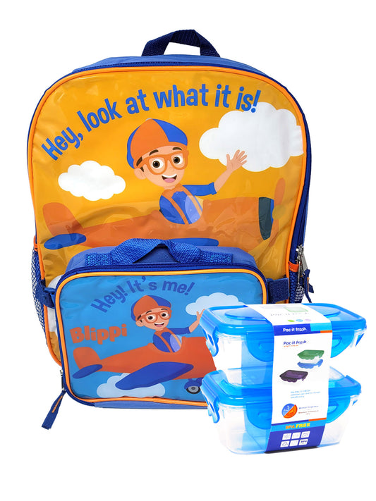 Blippi 16" Backpack & Insulated Lunch Bag Detachable & 2-Piece Snack Containers