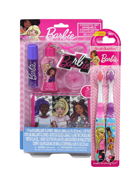 Barbie Cosmetic Accessory 5-Piece Set w/ Girls Barbie Toothbrush 2-Pack Set