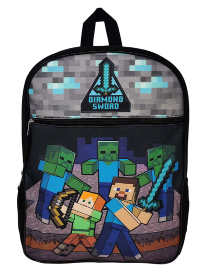 Minecraft Backpack Steve Alex 16" Diamond Sword & Sliding Pencil Case Set