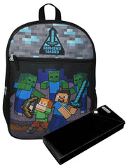 Minecraft Backpack Steve Alex 16" Diamond Sword & Sliding Pencil Case Set