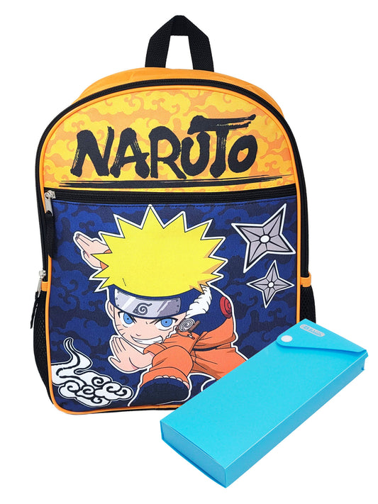 Naruto Anime Backpack 16" Ninja Uzumaki Hidden Leaf w/ Sliding Pencil Case Set