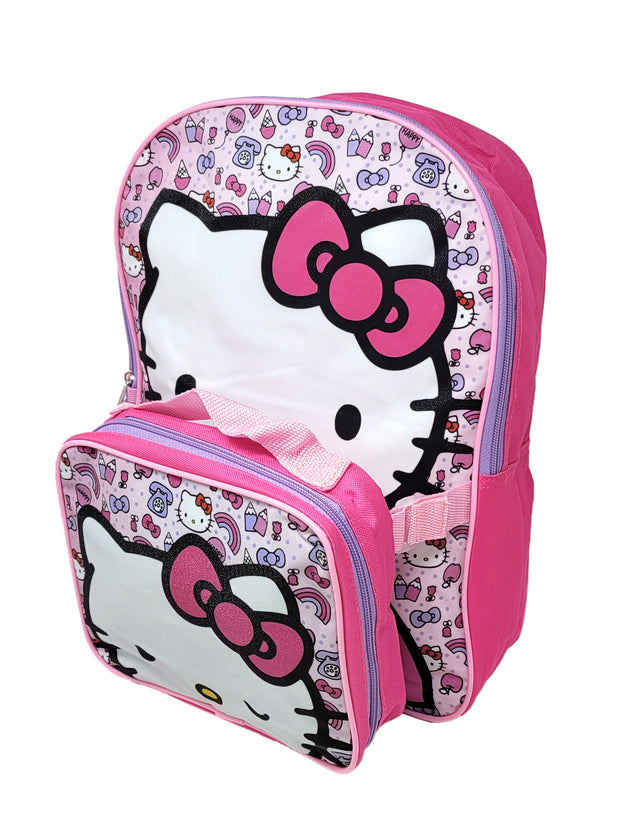 Hello Kitty 16" Backpack Rainbows w/ Detachable Insulated Lunch Bag set