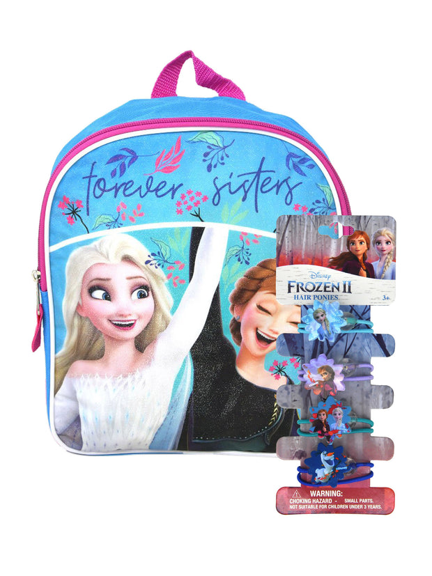 Disney Frozen Backpack Small 11" Anna Elsa w/ (4-Ct) Hair Ties Ponies Set