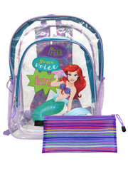 The Little Mermaid Transparent Backpack 16" Ariel w/ Zipper Mesh Pencil Pouch