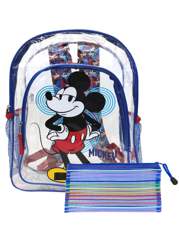 Disney Mickey Mouse Transparent Backpack 16" w/ Mesh Zipper Pencil Pouch Set