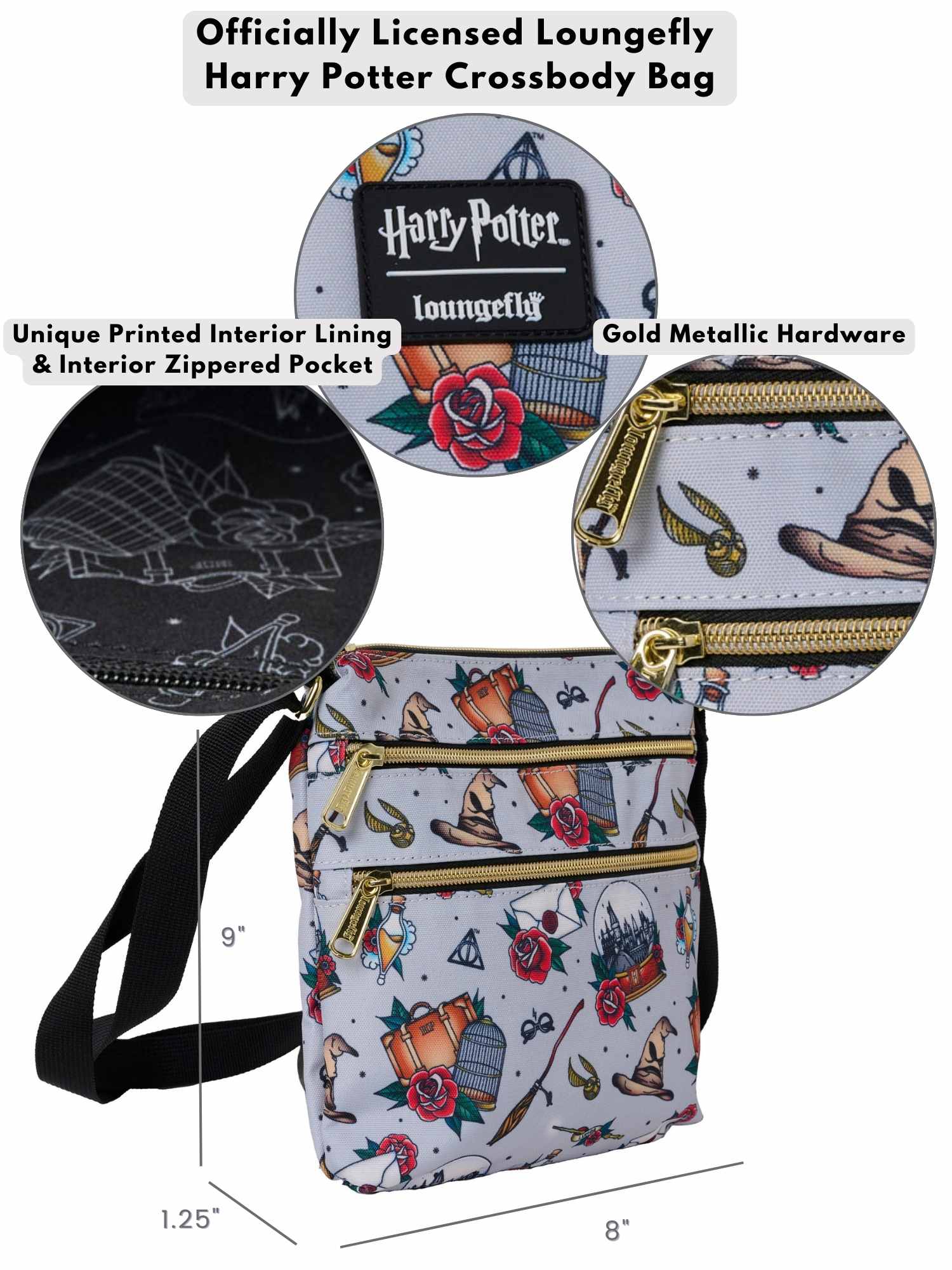 Loungefly x Harry Potter Crossbody Travel Passport Bag Nylon Tattoo All Over Print