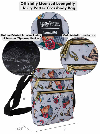 Loungefly x Harry Potter Crossbody Travel Passport Bag Nylon Tattoo All Over Print