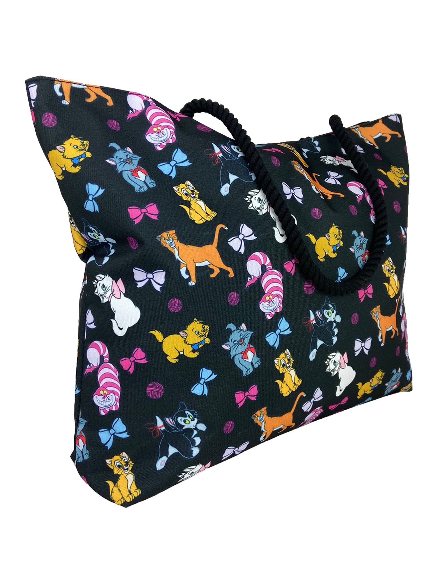 Disney Cats Tote Bag Travel Beach Carry-on Cheshire Figaro Rope Handle Black