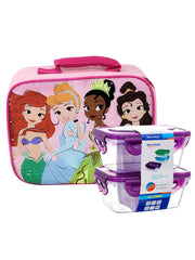 Disney Princess Insulated Lunch Bag Ariel Mulan w/ 2-Piece Snack Container Set