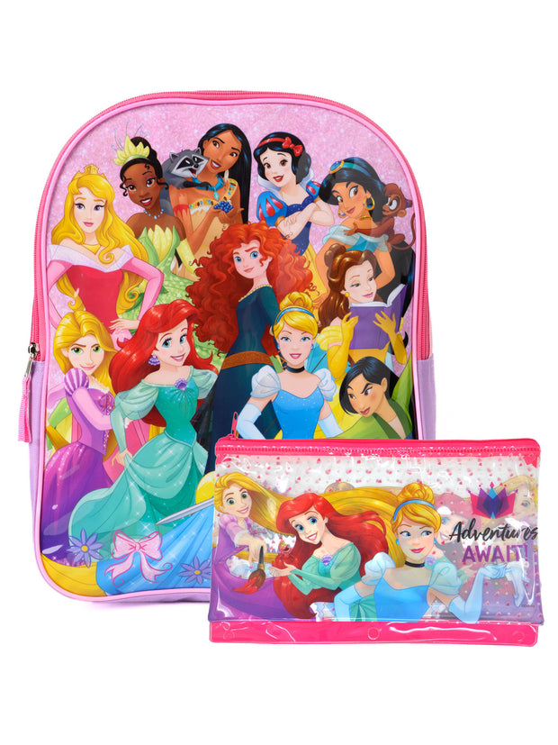 Disney Princesses Backpack 15" & Girls 3-Ring Pencil Case Pouch School Supplies