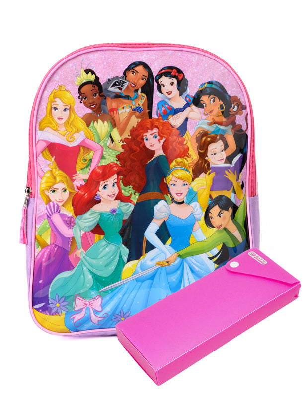 Princesses Girls School Backpack 15" Disney Mulan Ariel Belle & Pencil Case Set