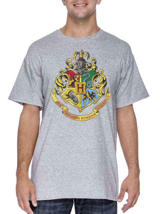 Men's Harry Potter Hogwarts Crest T-Shirt Short Sleeve Gray (Size Medium)