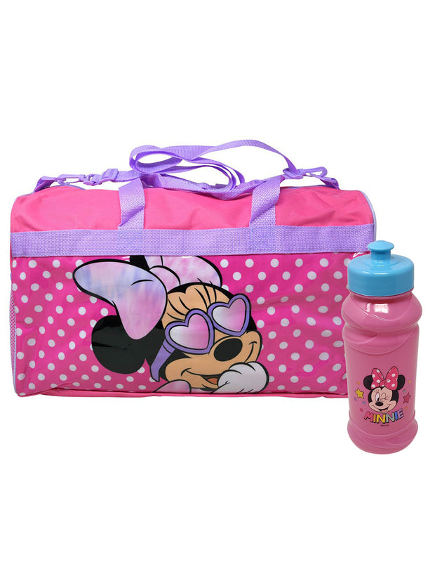 Minnie Mouse Duffel Bag Travel Carry-On w/ Disney Pull Top Water Bottle Set