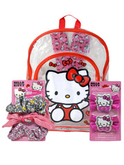 Hello Kitty Transparent Backpack Clear 16" w/ Hair Scrunchies & Bow Clips Set