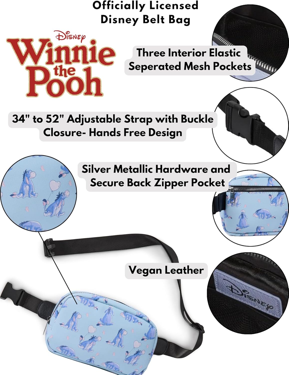 Disney Eeyore Belt Bag, Blue Faux Leather Fanny Pack Waist Bag for Women & Teens