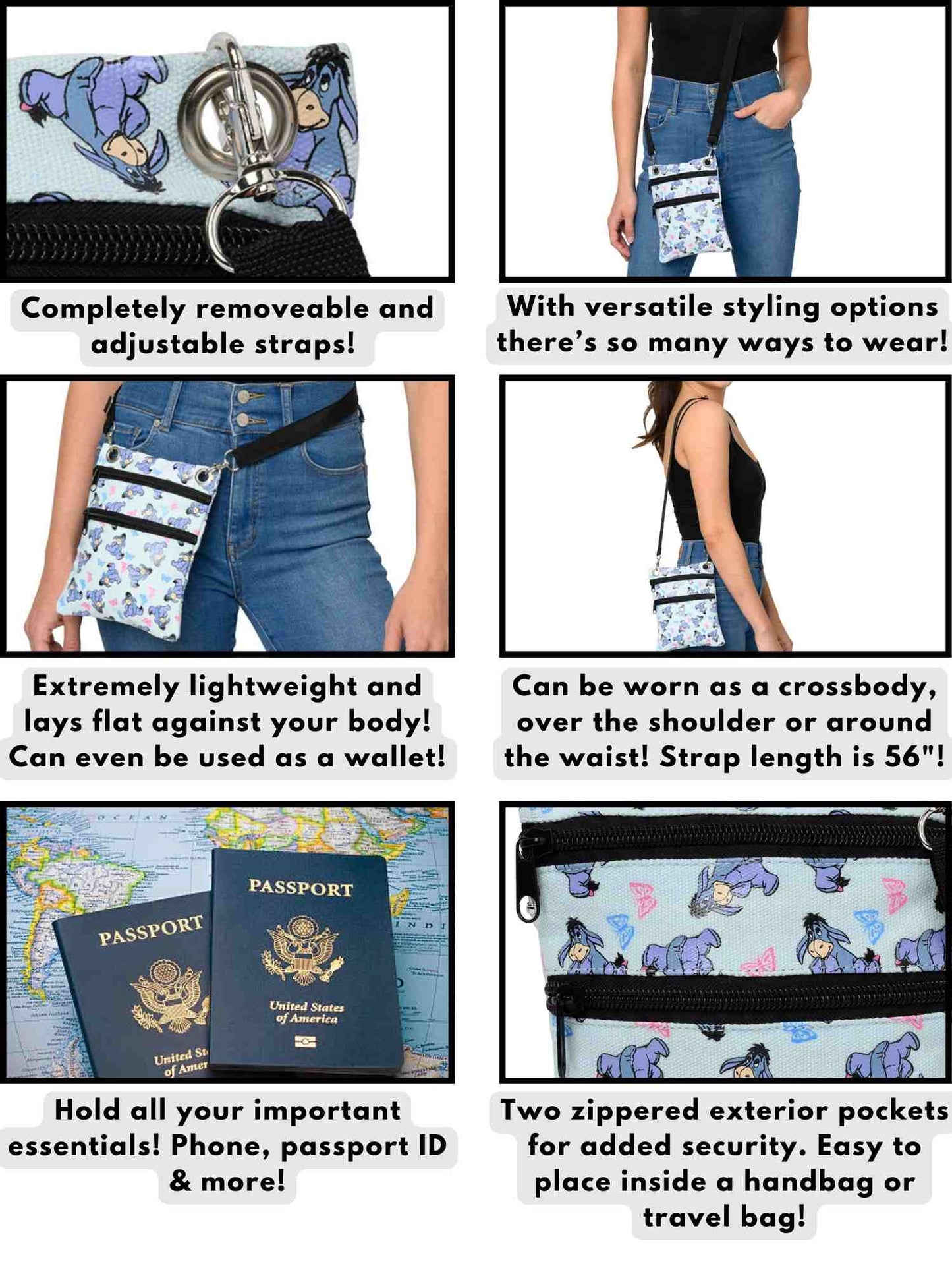 Disney Women's Eeyore Crossbody Passport Bag Travel Purse Winnie the Pooh Blue