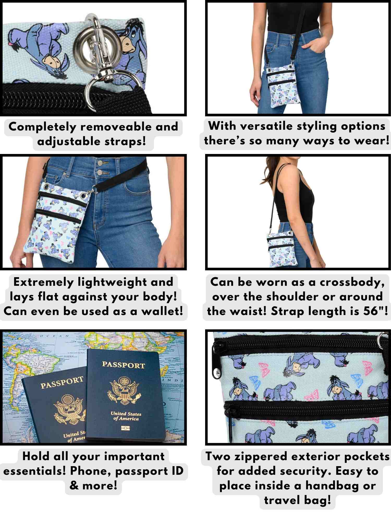 Disney Women's Eeyore Crossbody Passport Bag Travel Purse Winnie the Pooh Blue
