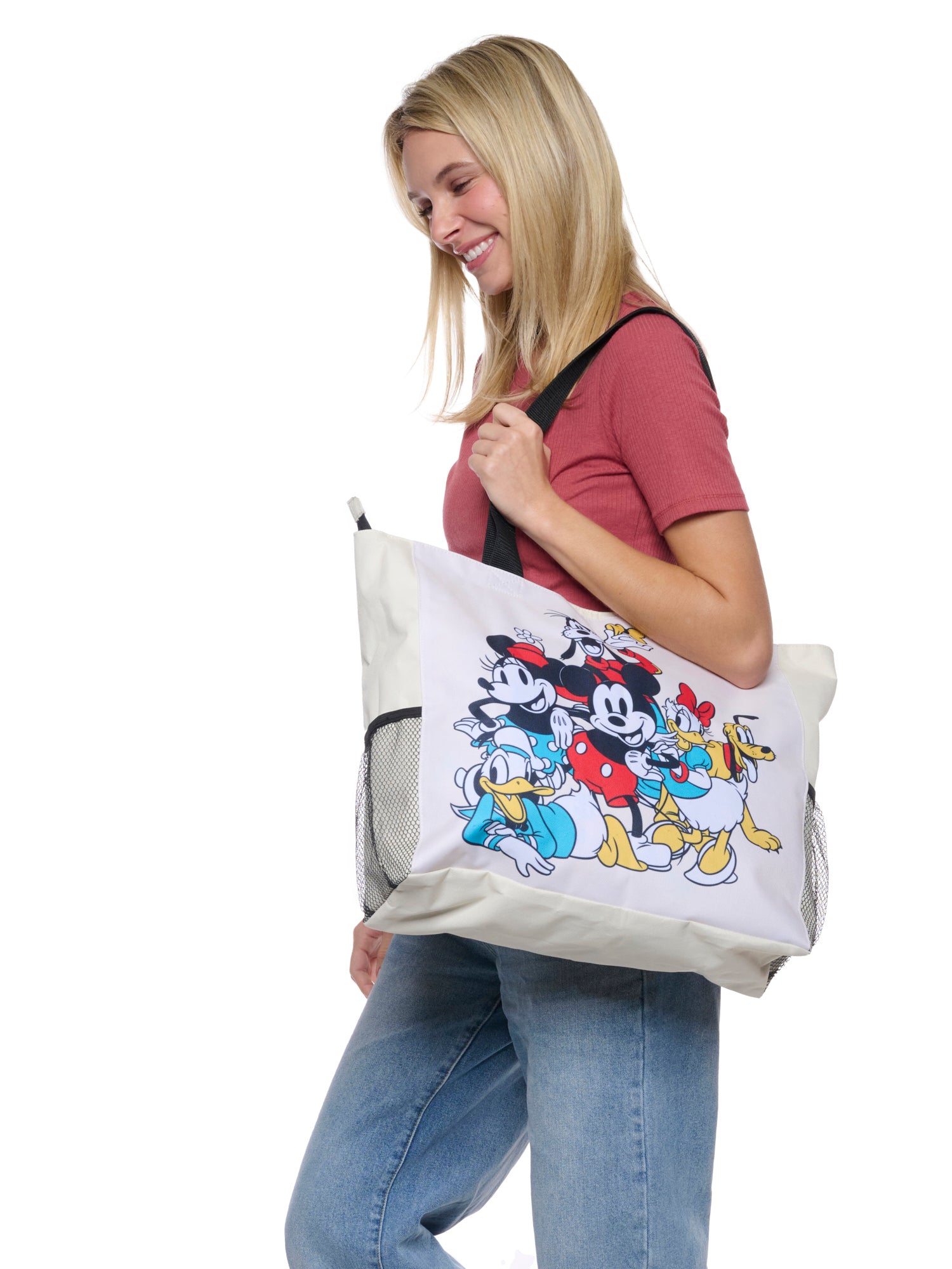 Disney Mickey & Friends Women's Zippered Beach Travel Tote with Bottle Pockets