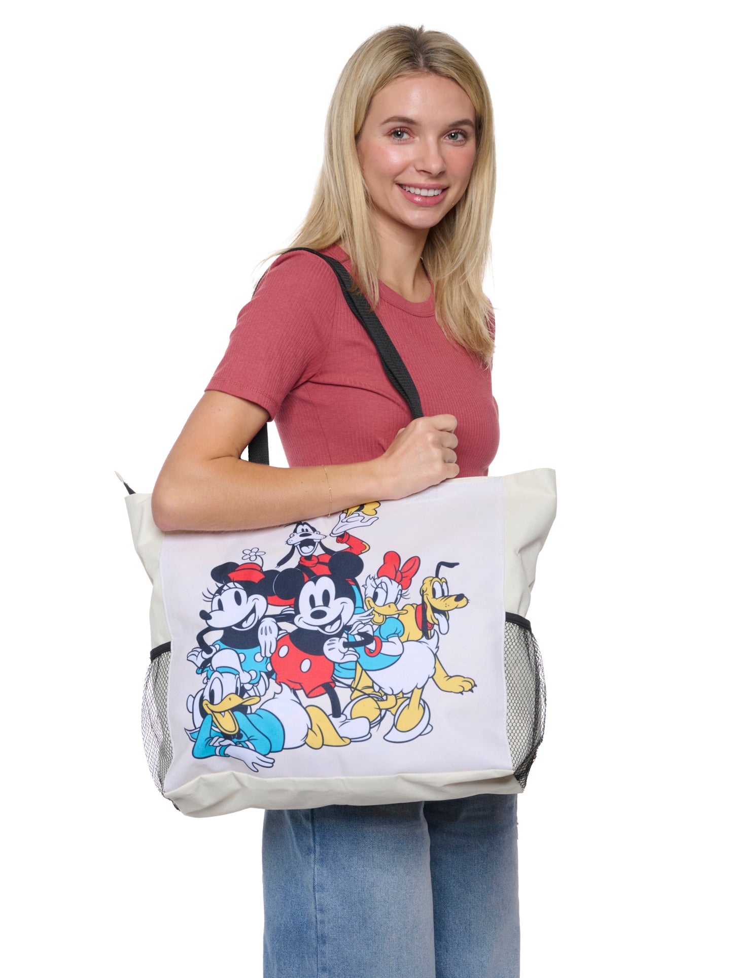Disney Mickey & Friends Women's Zippered Beach Travel Tote with Bottle Pockets