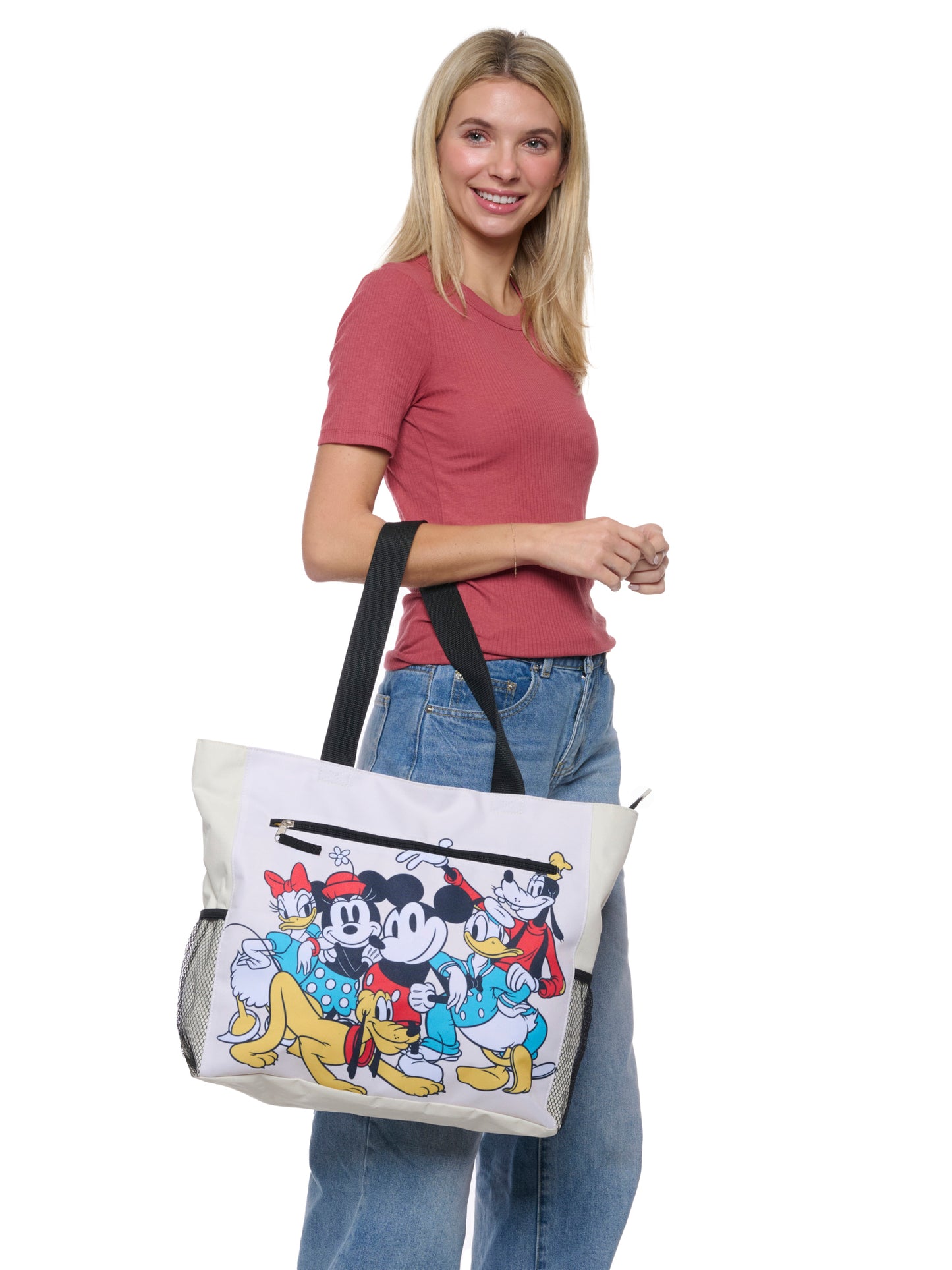 Disney Mickey & Friends Women's Zippered Beach Travel Tote with Bottle Pockets