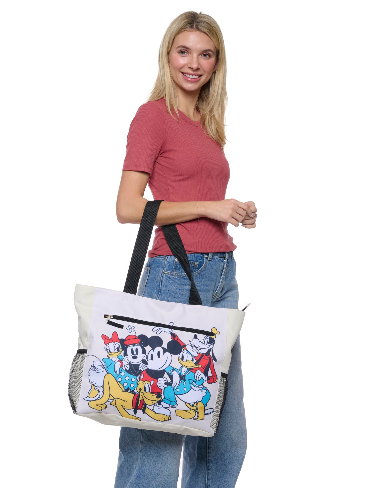 Disney Mickey & Friends Women's Zippered Beach Travel Tote with Bottle Pockets