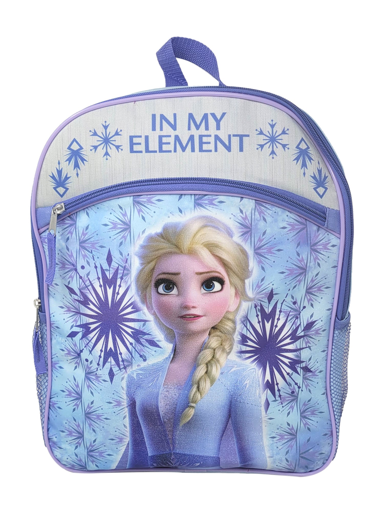 Disney Frozen Backpack Elsa Snowflakes 16" w/ (8-CT) Anna Elsa Hair Ties Ponies