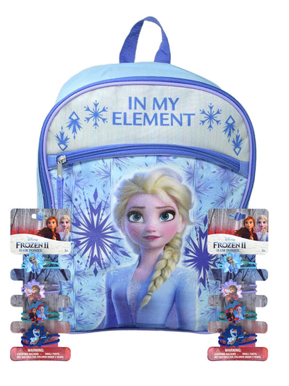Disney Frozen Backpack Elsa Snowflakes 16" w/ (8-CT) Anna Elsa Hair Ties Ponies