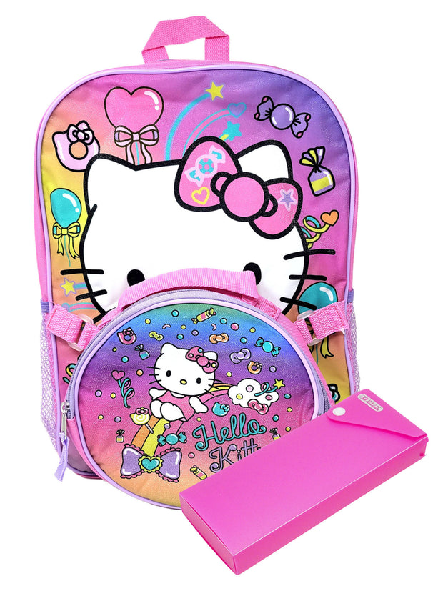 Hello Kitty 16" Backpack w/ Round Insulated Lunch Bag & Sliding Pencil Case Set
