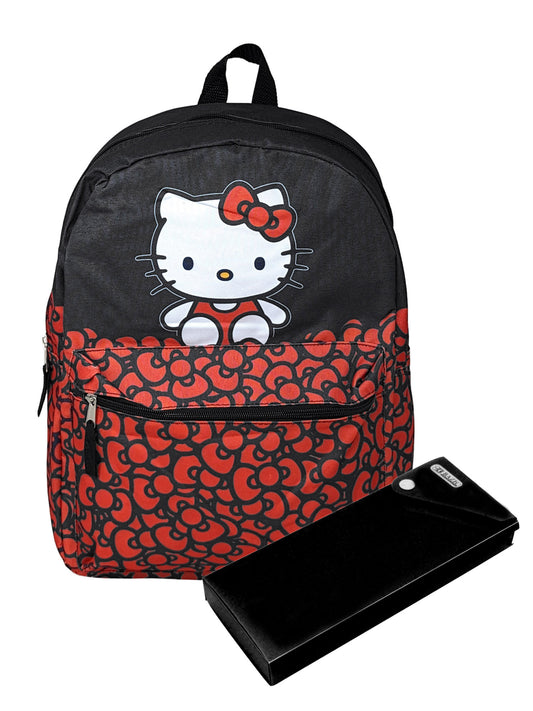 Sanrio Hello Backpack Black & Red w/ Sliding Pencil Case School Set