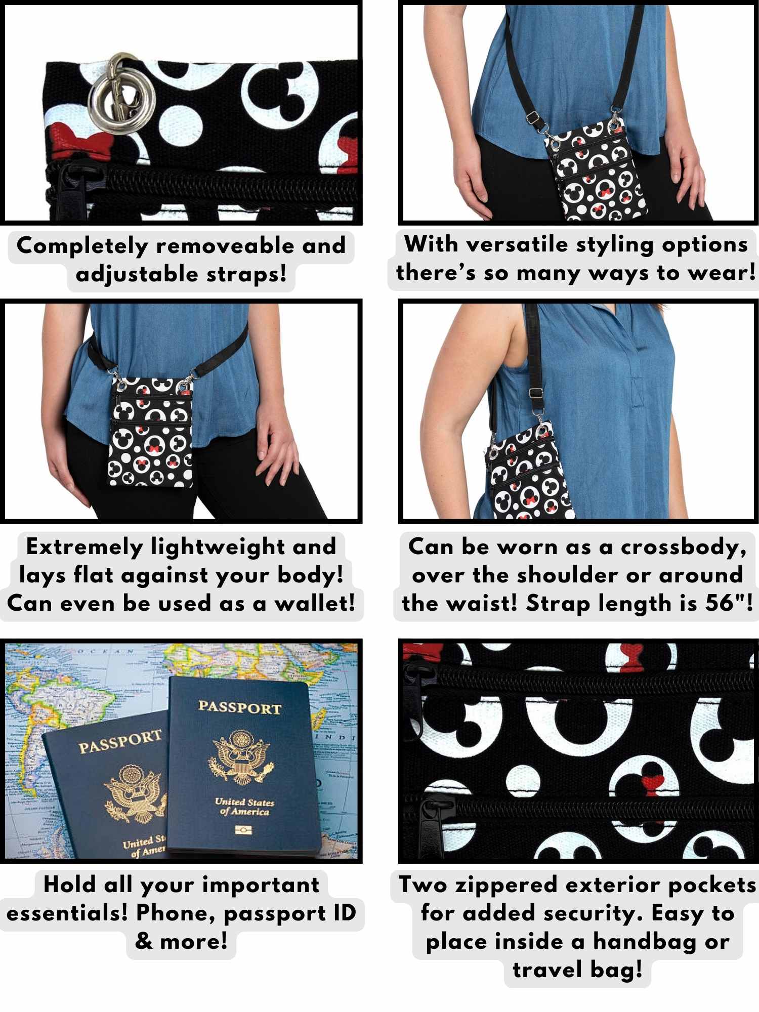 Disney Mickey & Minnie Mouse Passport Bag All-Over Print Travel Crossbody Purse