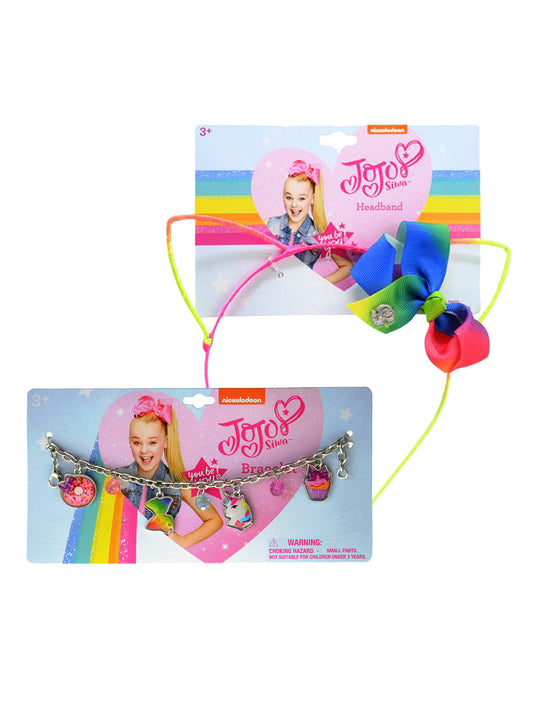 Girls JoJo Siwa 7" Charm Bracelet Metal Charm & Rainbow Color Headband Cat Ears