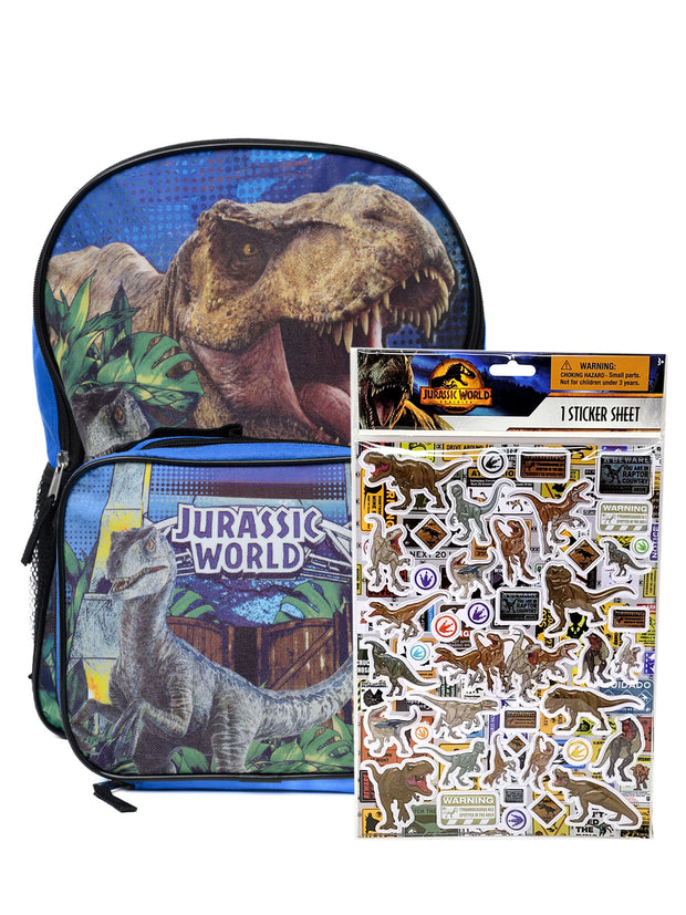 Jurassic World Backpack 16" & Insulated Lunch Bag T-Rex w/ Raised Sticker Sheet