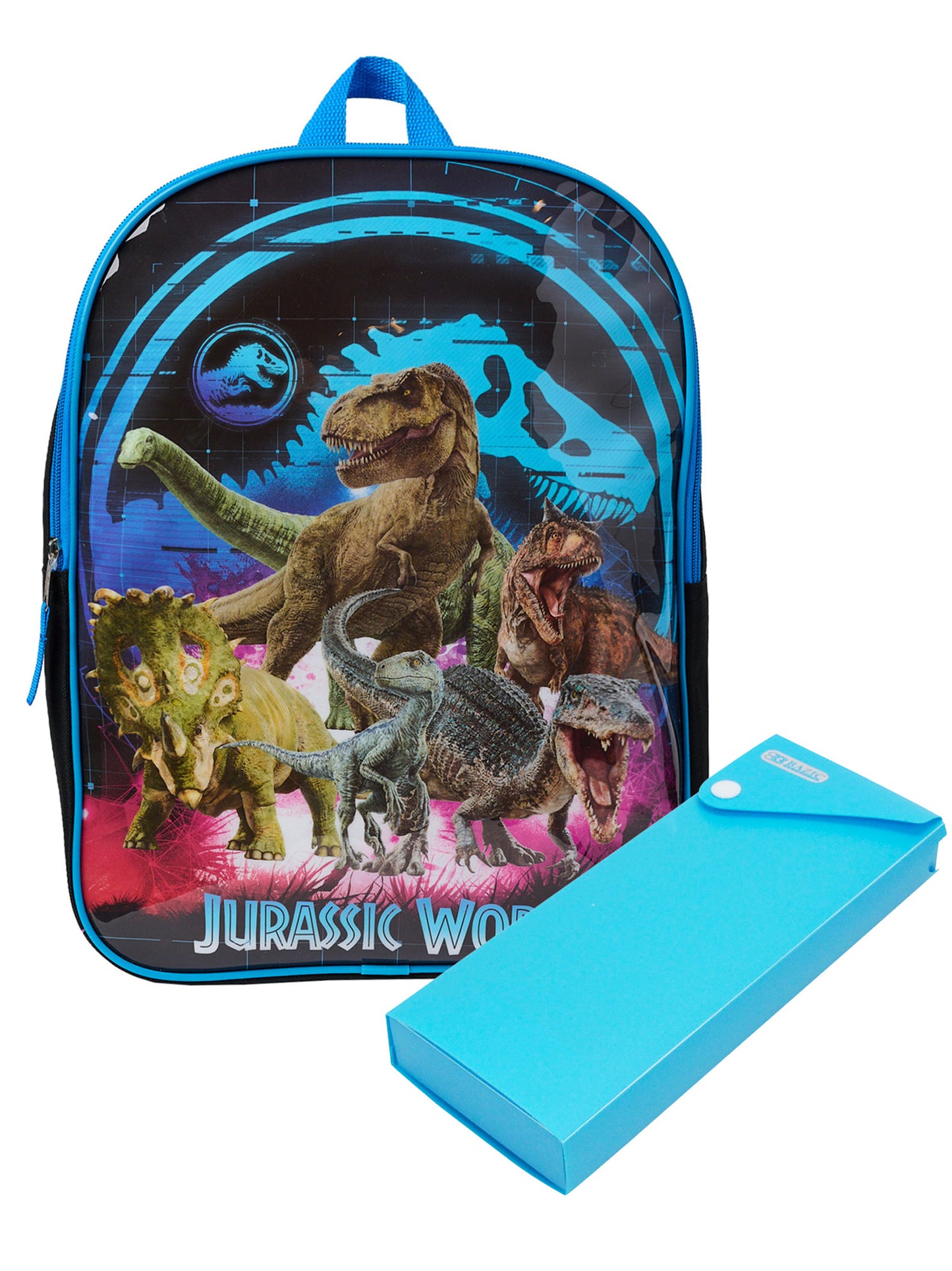 Jurassic World Backpack 15" T-Rex Dinosaurs Boys w/ Sliding Pencil Case Set