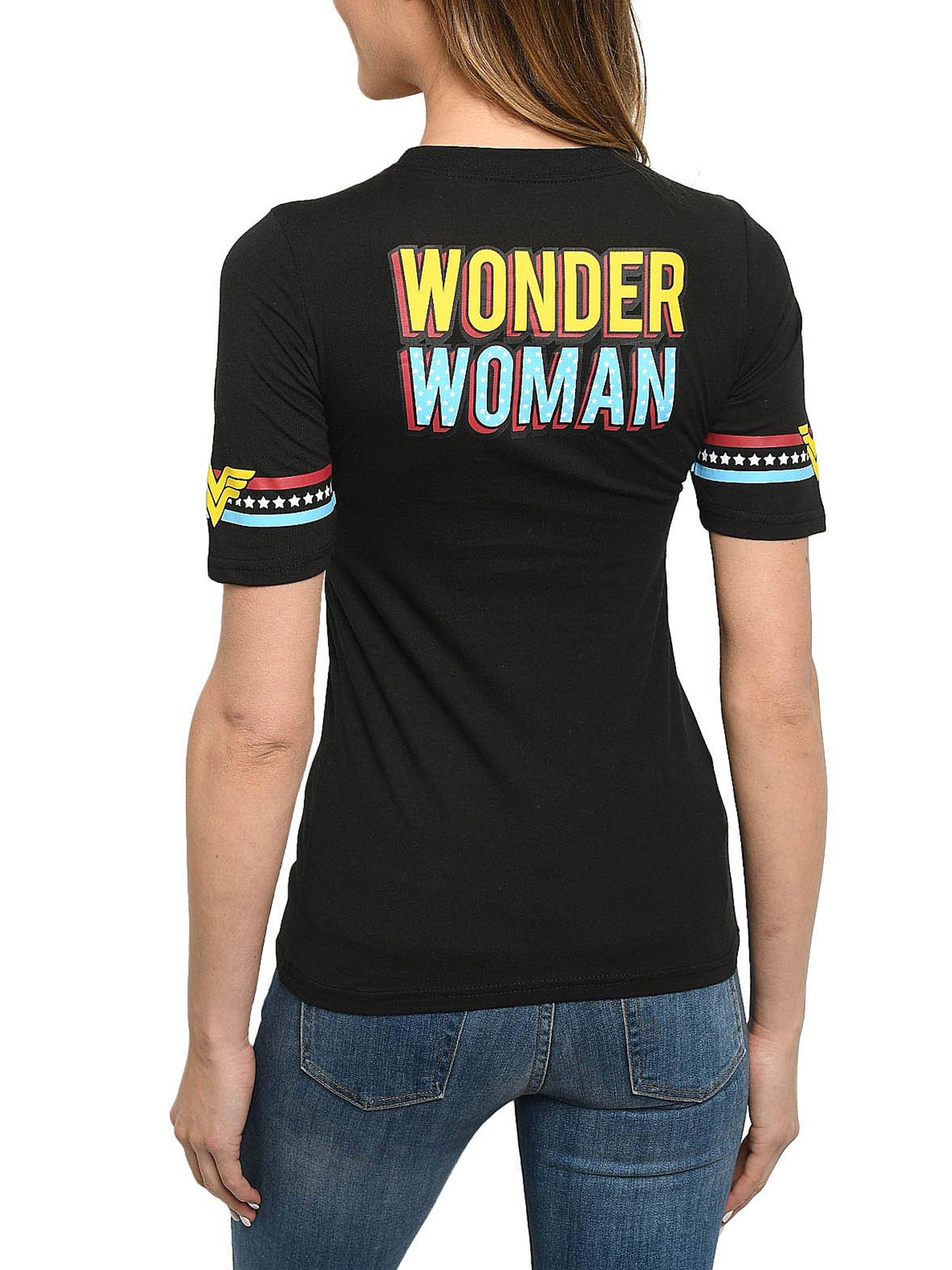 Juniors Wonder Woman T-shirt Front & Back Graphic Print Black