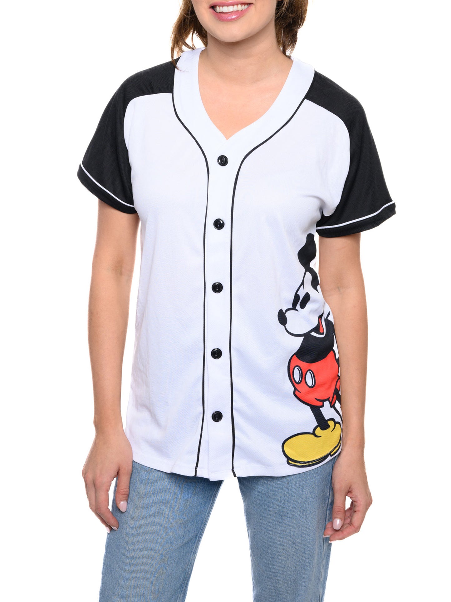 Women's Mickey Mouse Baseball Jersey Shirt White Button Down